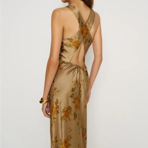 NEW Reformation Anaiis Silk Long Dress Poet Brown Tan Floral | US 4 UK 8 - Picture 9 of 13
